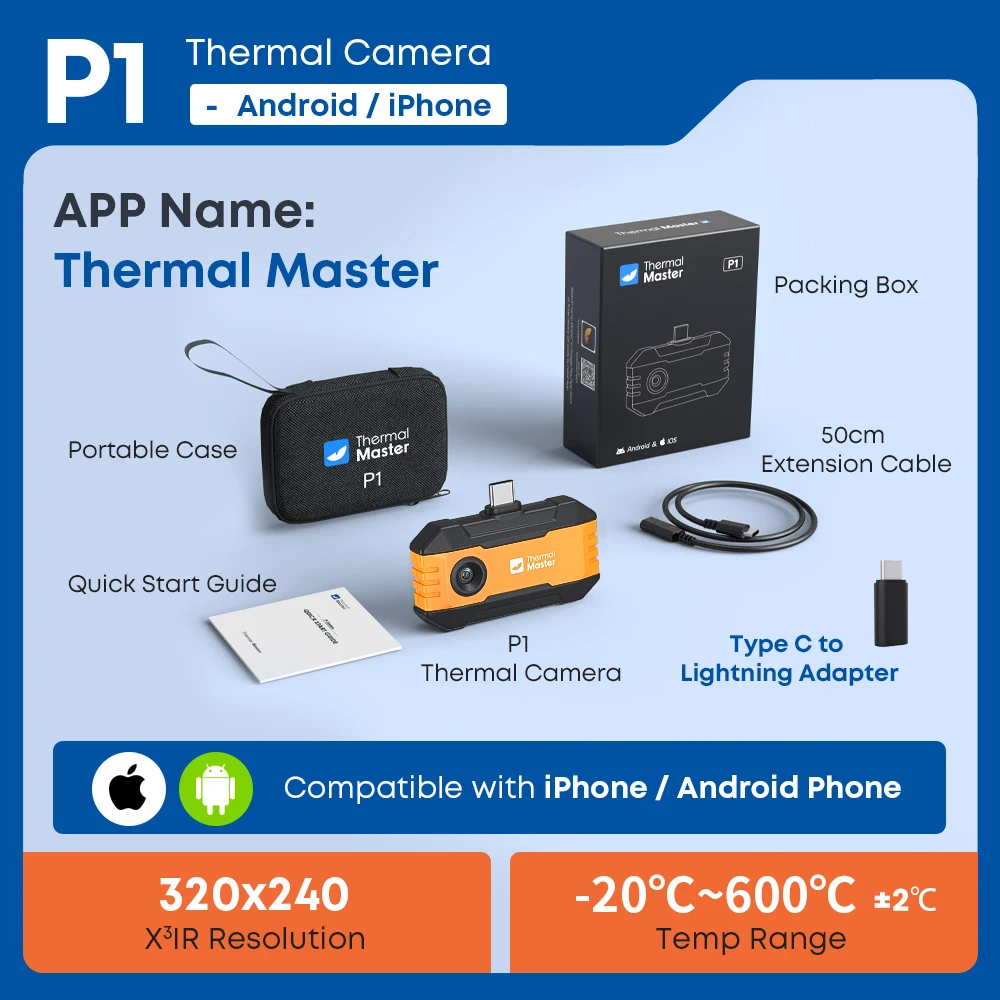 (iOS Android)P1 Thermal Camera 320*240 Razor Sharp Thermal Image 600℃ High Temp Range USB-C Infrared Thermal Imager for HVAC/ Building/ Electrical Inspection for iPhone and Android Smartphone 15x Digital Zoom 25Hz Thermal Master - Image 10
