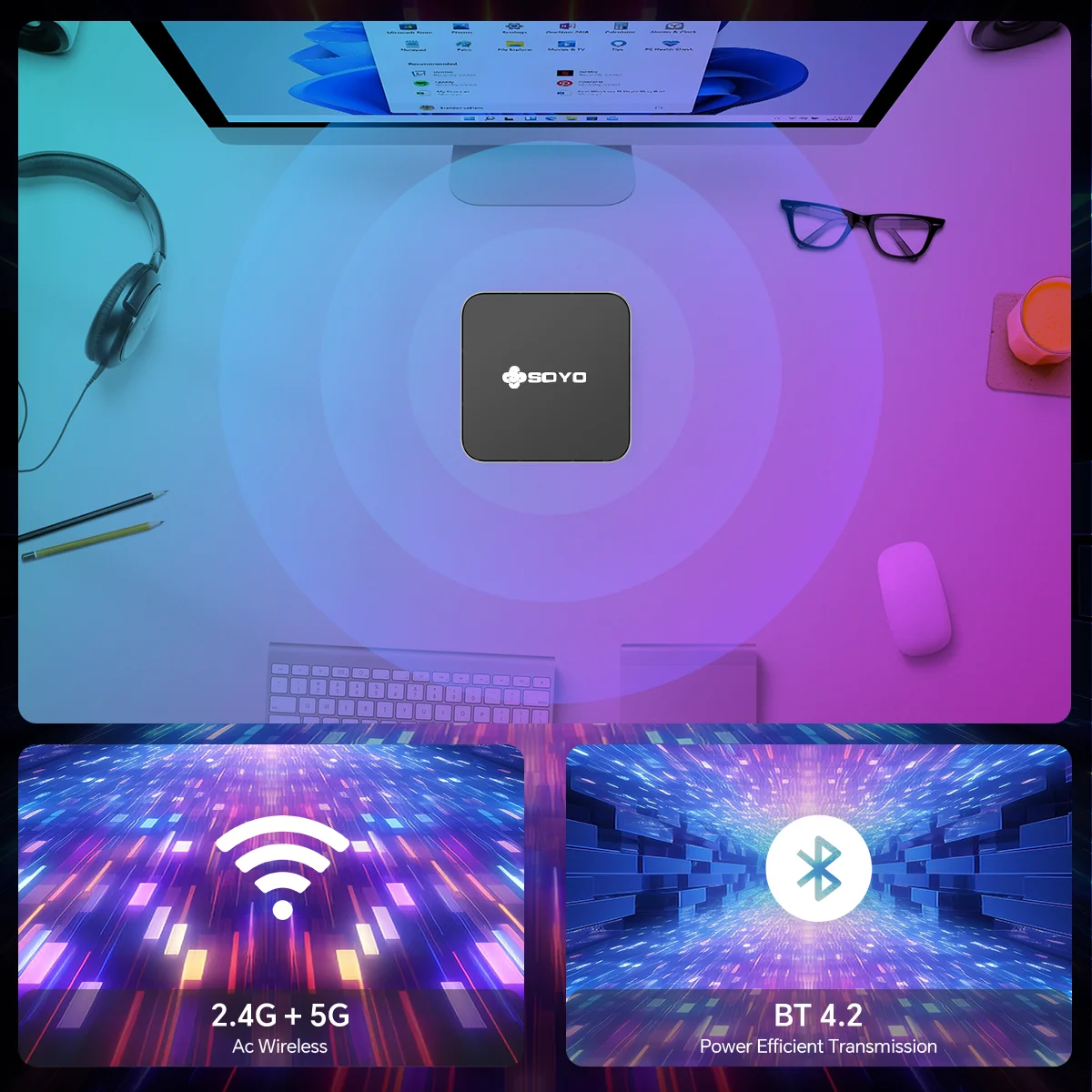 SOYO Mini PC Y5 AIR Intel Core I5 4250U 8GB RAM 128GB ROM Windows 11 Pro WiFi BT4.2 Office Desktop Computer 22nm 2.6ghz HDMI*2 USB3.0*4 RJ45*1 200MHZ Dual HDMI 4K Display Type-C - Image 6