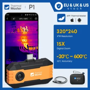 (iOS Android）P1 Thermal Camera 320*240 Razor Sharp Thermal Image 600℃ High Temp Range USB-C Infrared Thermal Imager for HVAC/ Building/ Electrical Inspection for iPhone and Android Smartphone 15x Digital Zoom 25Hz Thermal Master