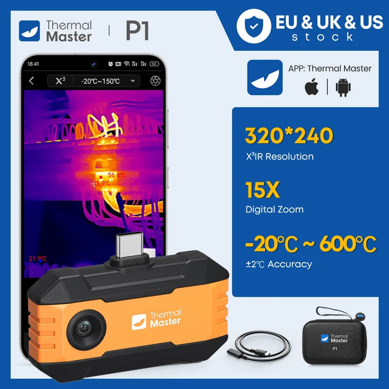 (iOS Android)P1 Thermal Camera 320*240 Razor Sharp Thermal Image 600℃ High Temp Range USB-C Infrared Thermal Imager for HVAC/ Building/ Electrical Inspection for iPhone and Android Smartphone 15x Digital Zoom 25Hz Thermal Master